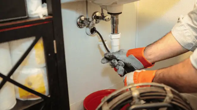 Drain cleaning technician using a motorized plumbing snake to clear a clogged sink pipe in Bradenton, FL